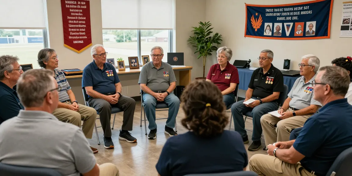 Veterans engaging in peer support session, promoting peer support for veterans through shared experiences and community.