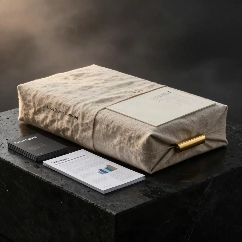 Linen-wrapped local growth starter kit with audit folio and PPC cards on a black plinth