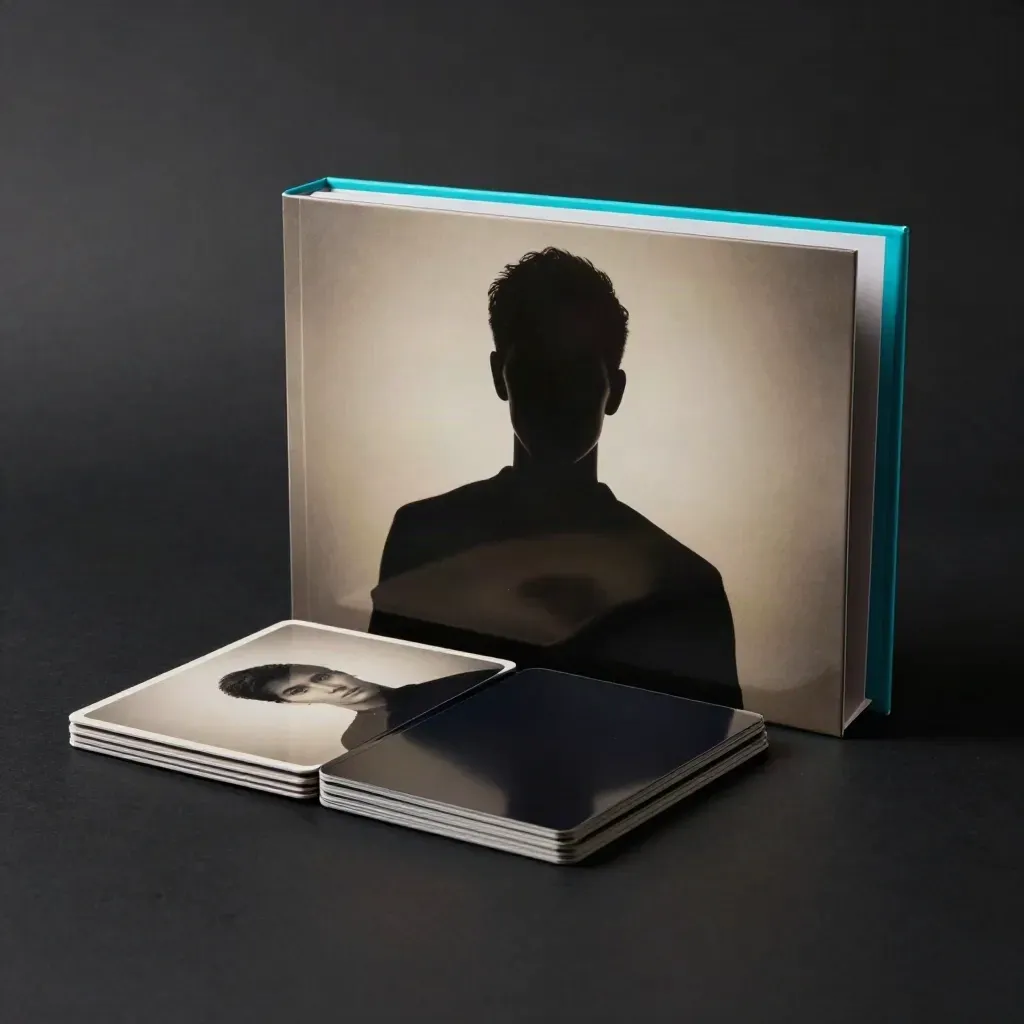 Glossy PPC launch kit with cyan-edged cards on a black surface under dramatic studio light.