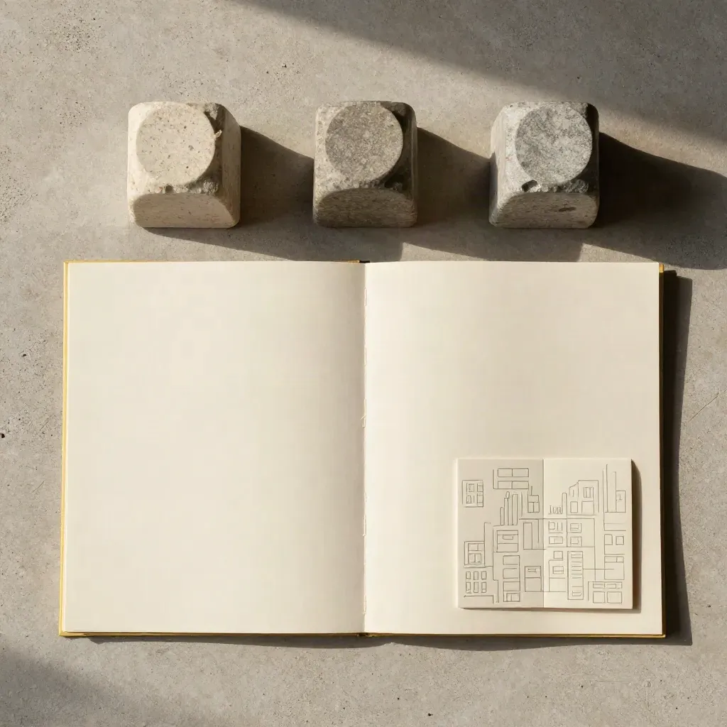 Overhead flatlay of a cream SEO planning folio, folded city card and stone markers on concrete.