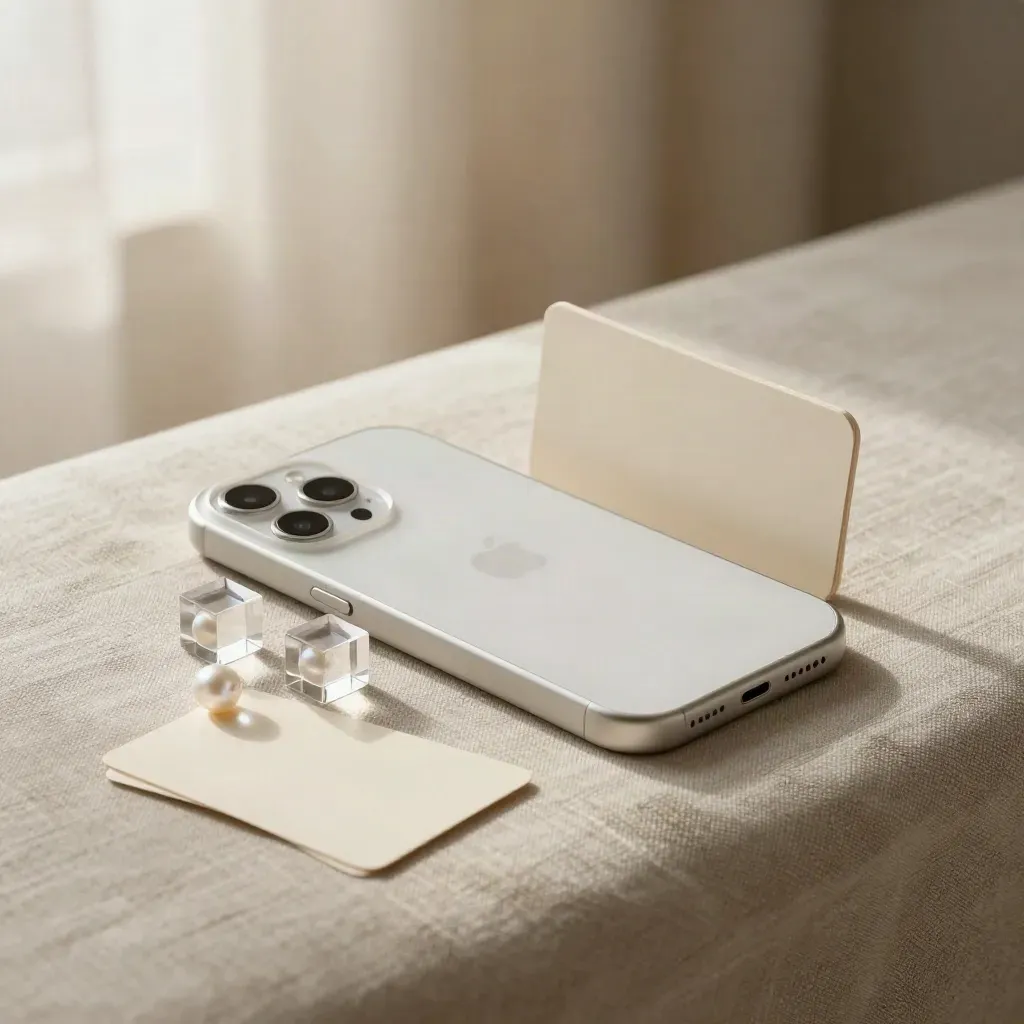 Satin ad deck, acrylic cubes, and a pale phone shell on a linen bench in warm haze.