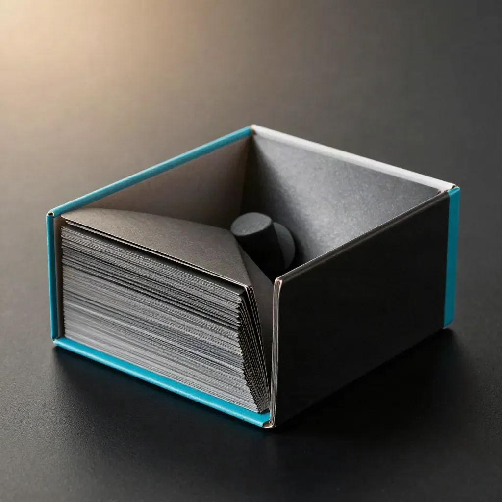 Glossy cyan-sleeved campaign box with fanned cards on a matte-black surface.