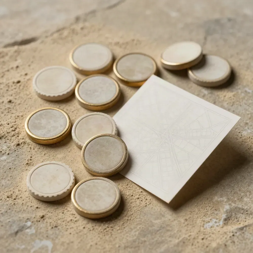 Top-down macro of sand route markers, stone tokens, and a folded city-grid card in dusty gold light.