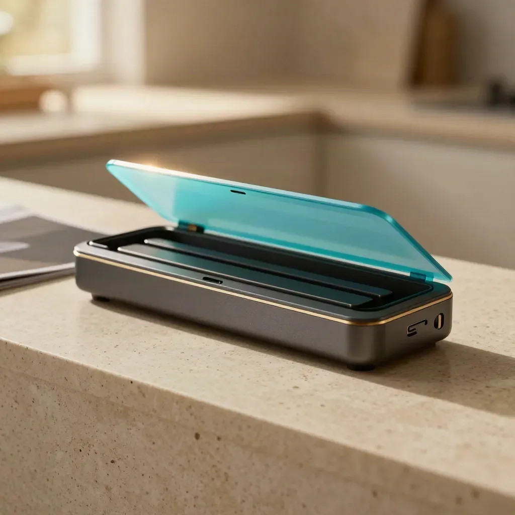 Charcoal launch kit with cyan sleeve and gold edges beside two companion modules.