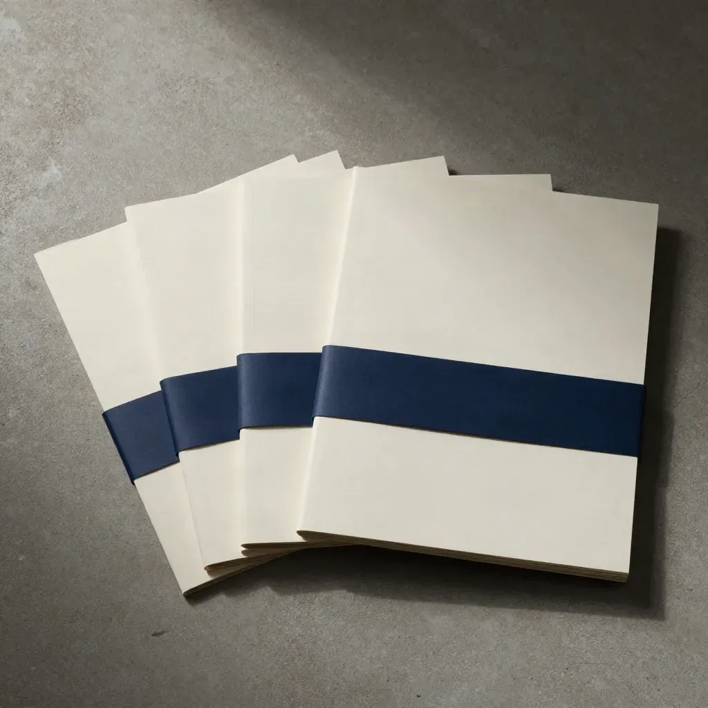 Overhead SEO folio flatlay with tabbed dividers and a navy paper band on concrete.
