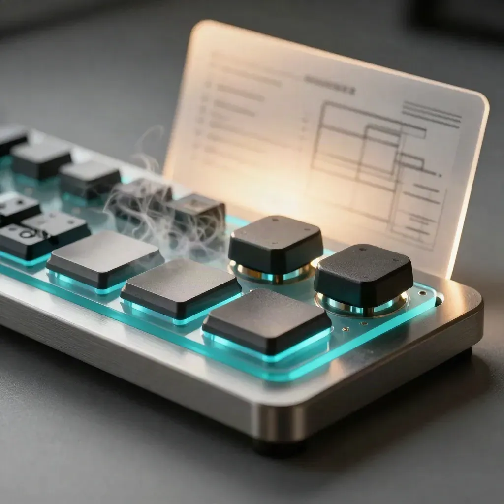 Smoked-glass dashboard slab with cyan-lit modules and two matte trackers on brushed metal.