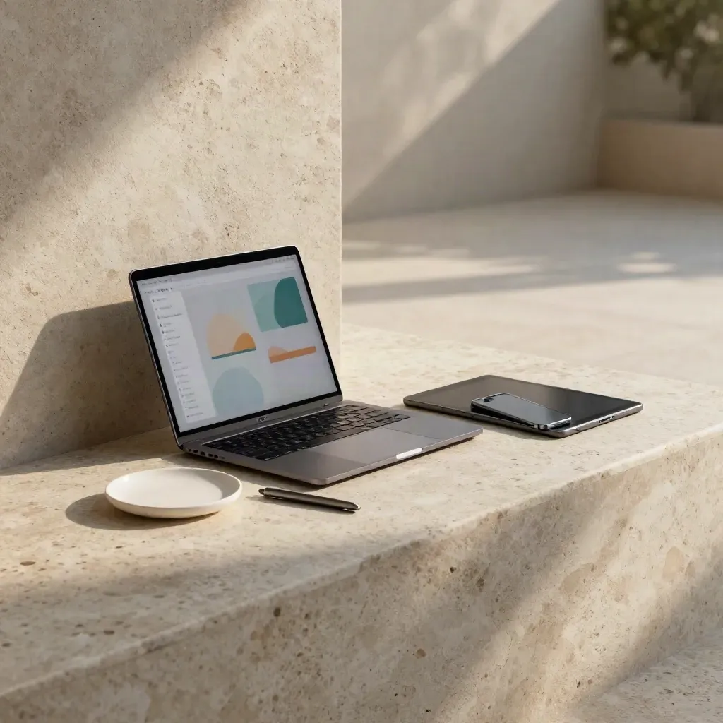 Travertine SEO audit backdrop with laptop, tablet and soft plaster wall in warm afternoon light.