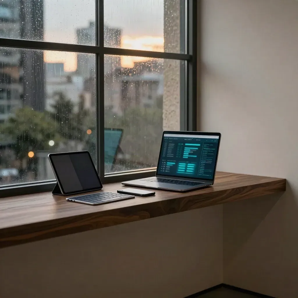 Rain-streaked glass studio interior with blue-hour reflections, dark sill, and open copy space.